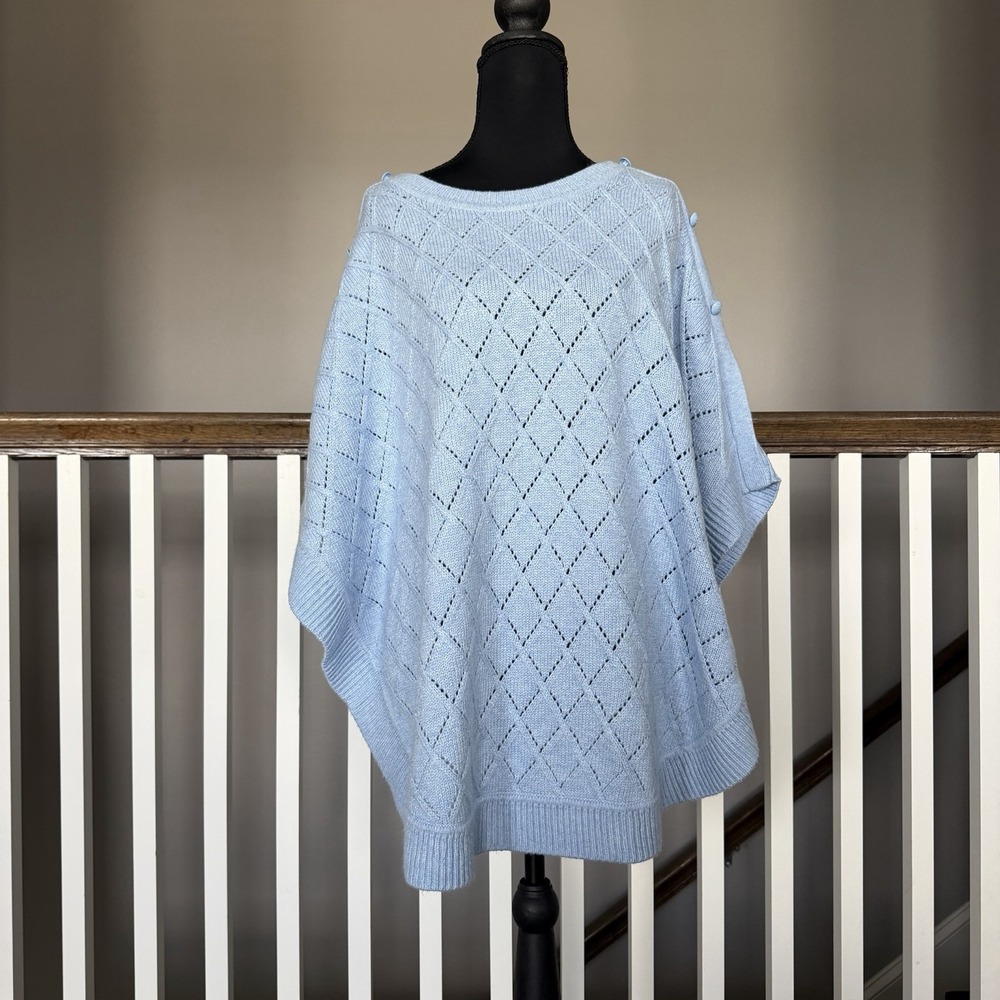 NWT Talbots Blue Cable Knit Button Shoulder Sweater Poncho L Cottagecore Coastal